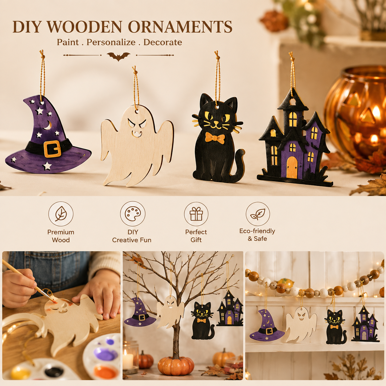 Wooden Pumpkins Ornaments to Paint Halloween Thanksgiving Decoration Cutouts Unfinished 10PCS, DIY Blank Unfinished Pumpkin Wood Discs Ornament for Home Harvest Crafts Hanging Autumn Decorations