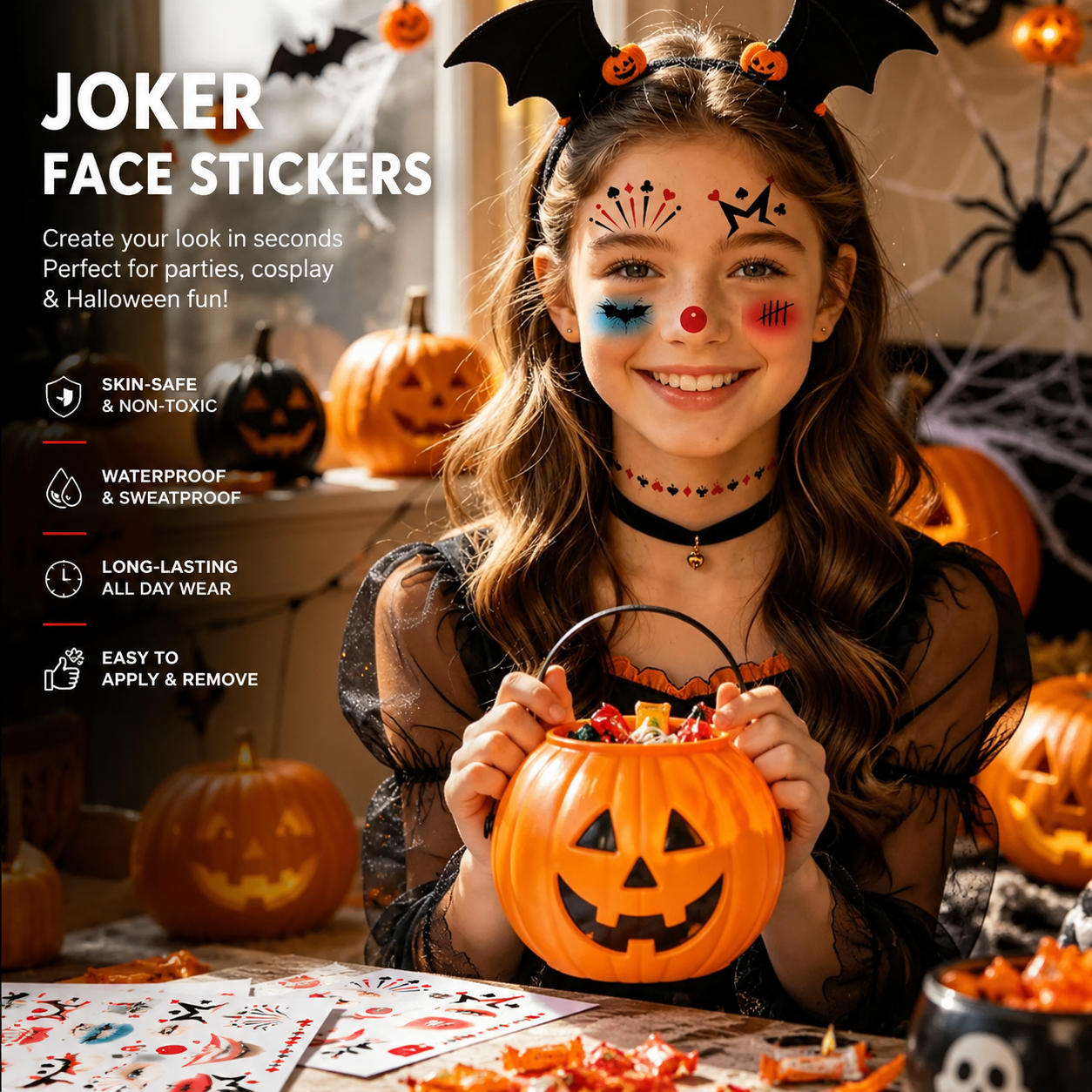 Qpout 8 Sheets Clown Face Temporary Tattoos, Halloween Makeup Joker Fake Tattoo Stickers for Women Men Adults Carnival Costume Cosplay Party Accessories