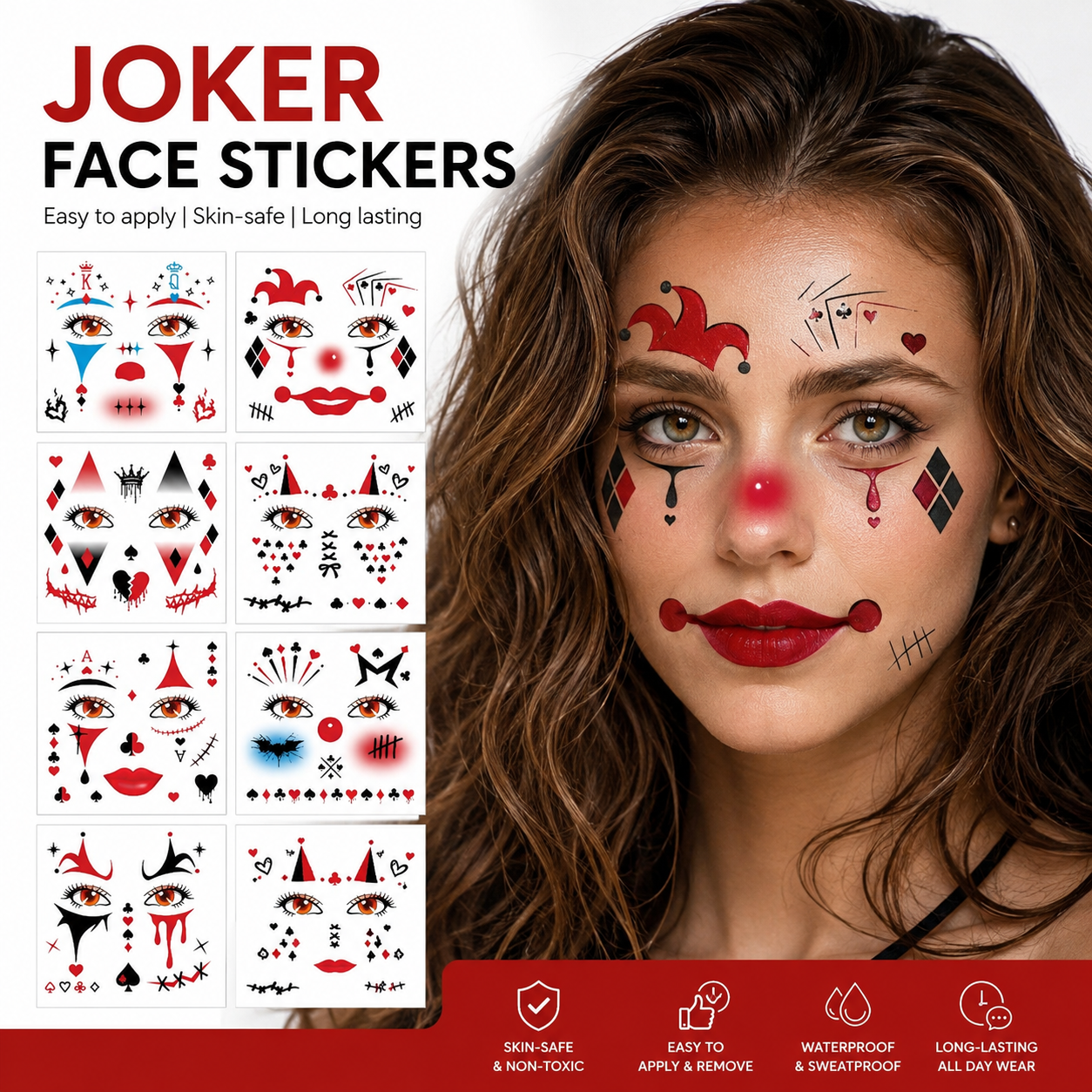 Qpout 8 Sheets Clown Face Temporary Tattoos, Halloween Makeup Joker Fake Tattoo Stickers for Women Men Adults Carnival Costume Cosplay Party Accessories
