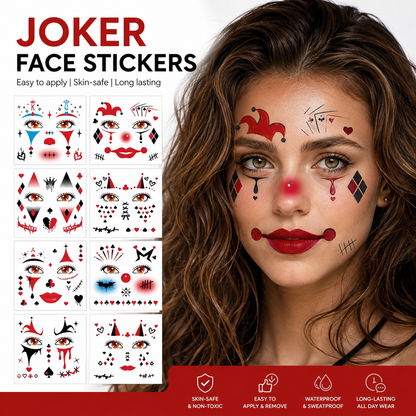 Qpout 8 Sheets Clown Face Temporary Tattoos, Halloween Makeup Joker Fake Tattoo Stickers for Women Men Adults Carnival Costume Cosplay Party Accessories
