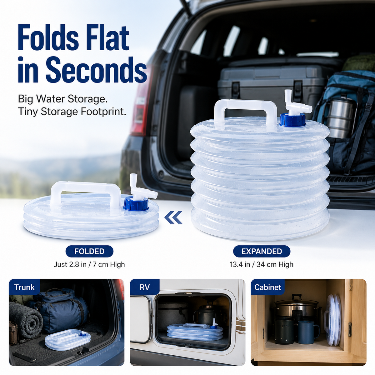 Water container folds flat in seconds