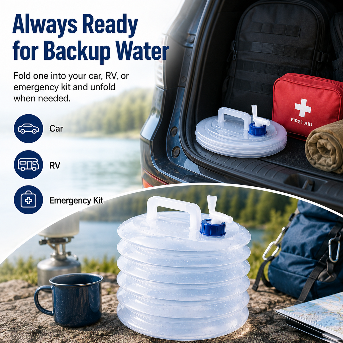 Collapsible container for backup water