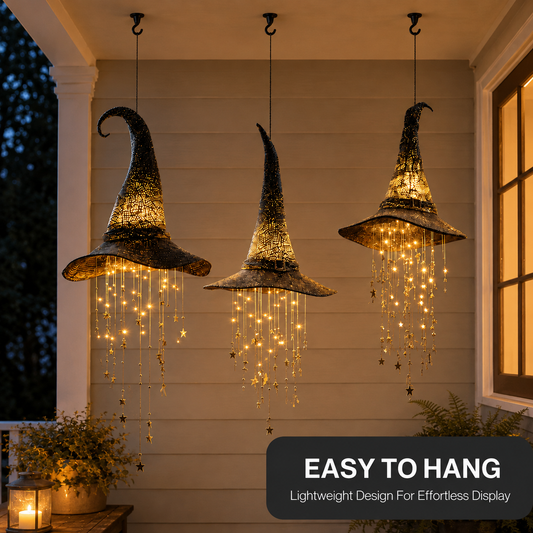 Set of 3 Lighted Witch Hat Hanging Chimes｜Stunning Halloween Porch Decor