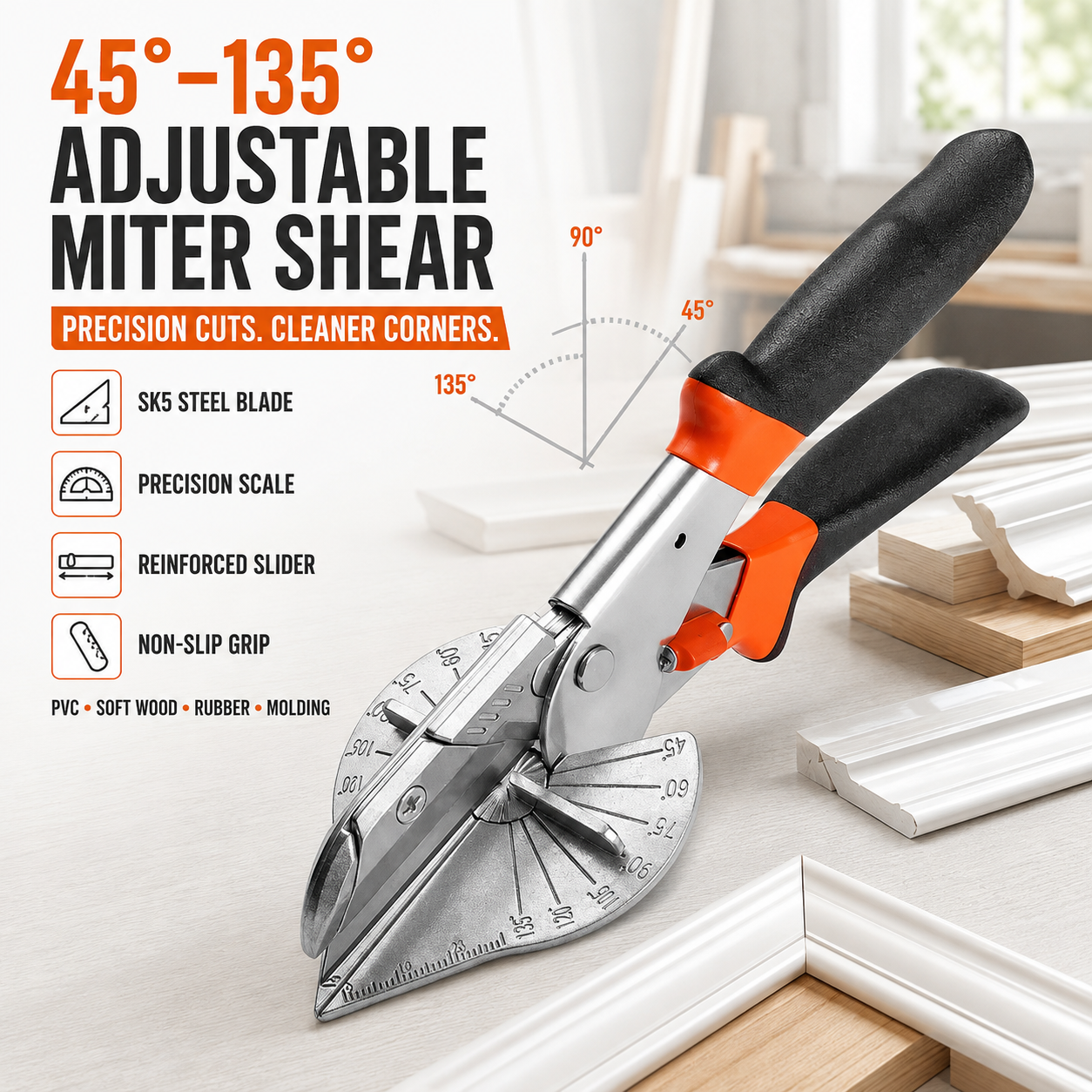 ⭐ ⛏️Multi Angle Miter Shear Cutter, Stainless steel material, 45°-135° Adjustable Angle Trim Scissors Hand Tool