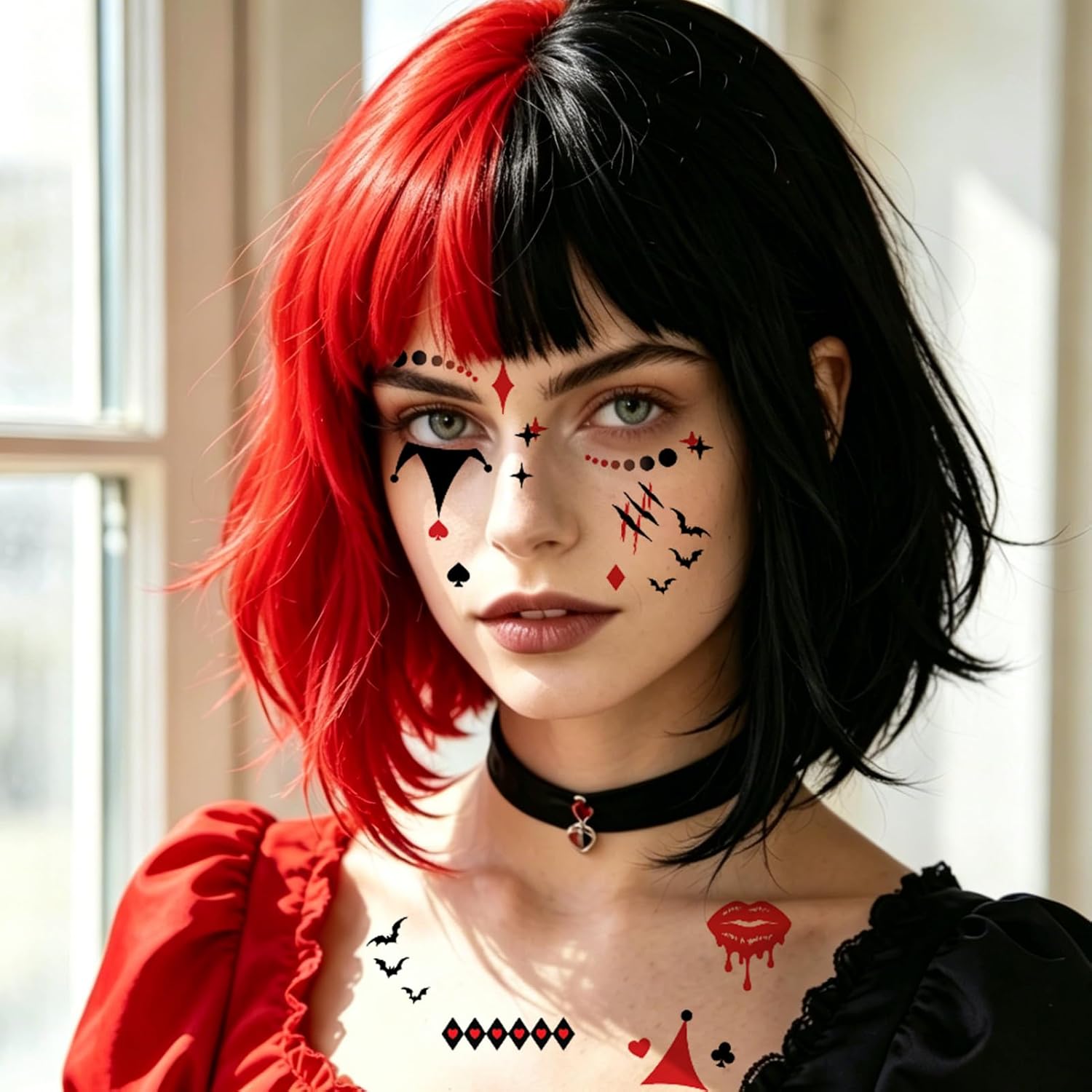 Qpout 8 Sheets Clown Face Temporary Tattoos, Halloween Makeup Joker Fake Tattoo Stickers for Women Men Adults Carnival Costume Cosplay Party Accessories