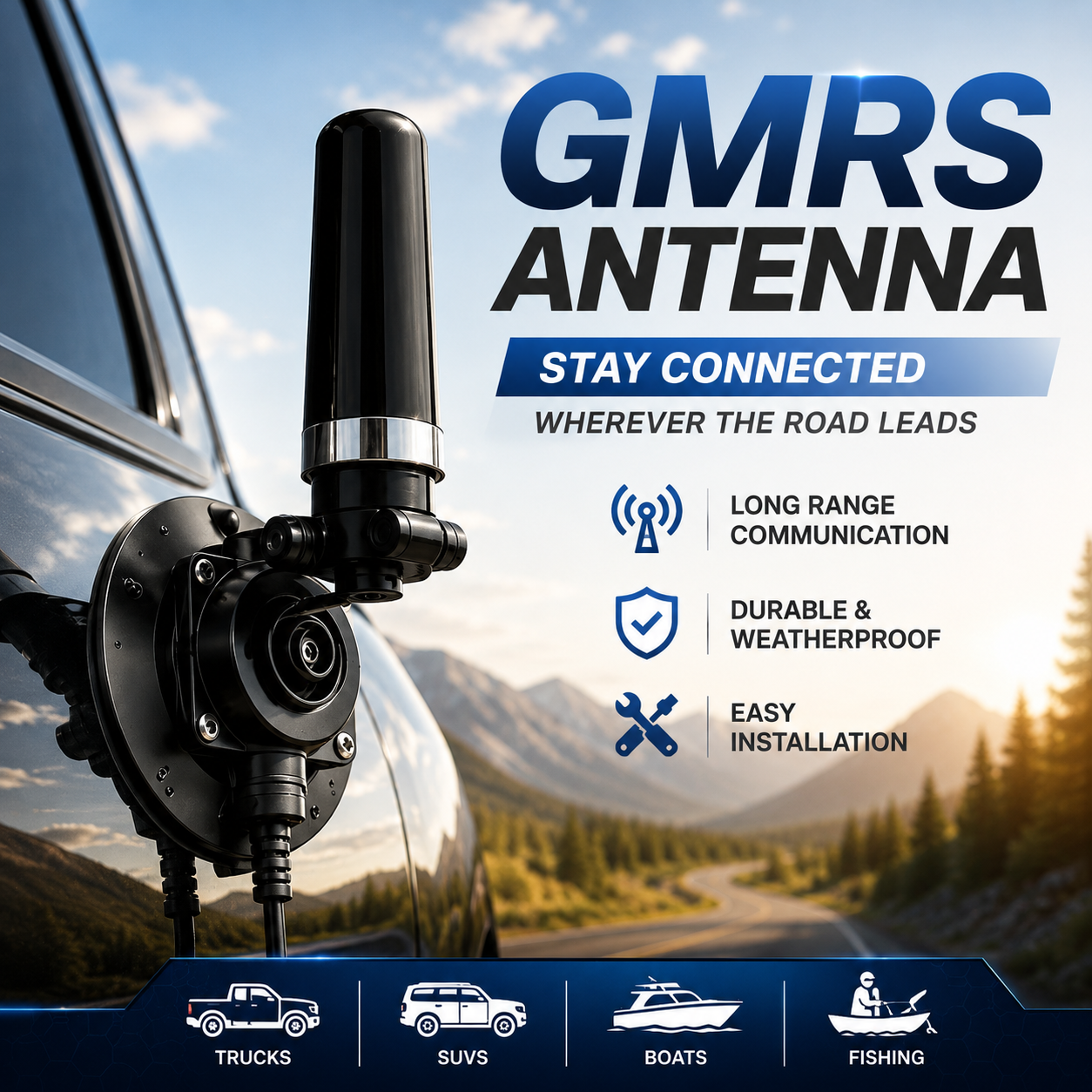 Universal GMRS Antenna Mount – Heavy-Duty Radio Antenna Bracket for Cars, SUVs, Trucks, Off-Road Vehicles & Boats