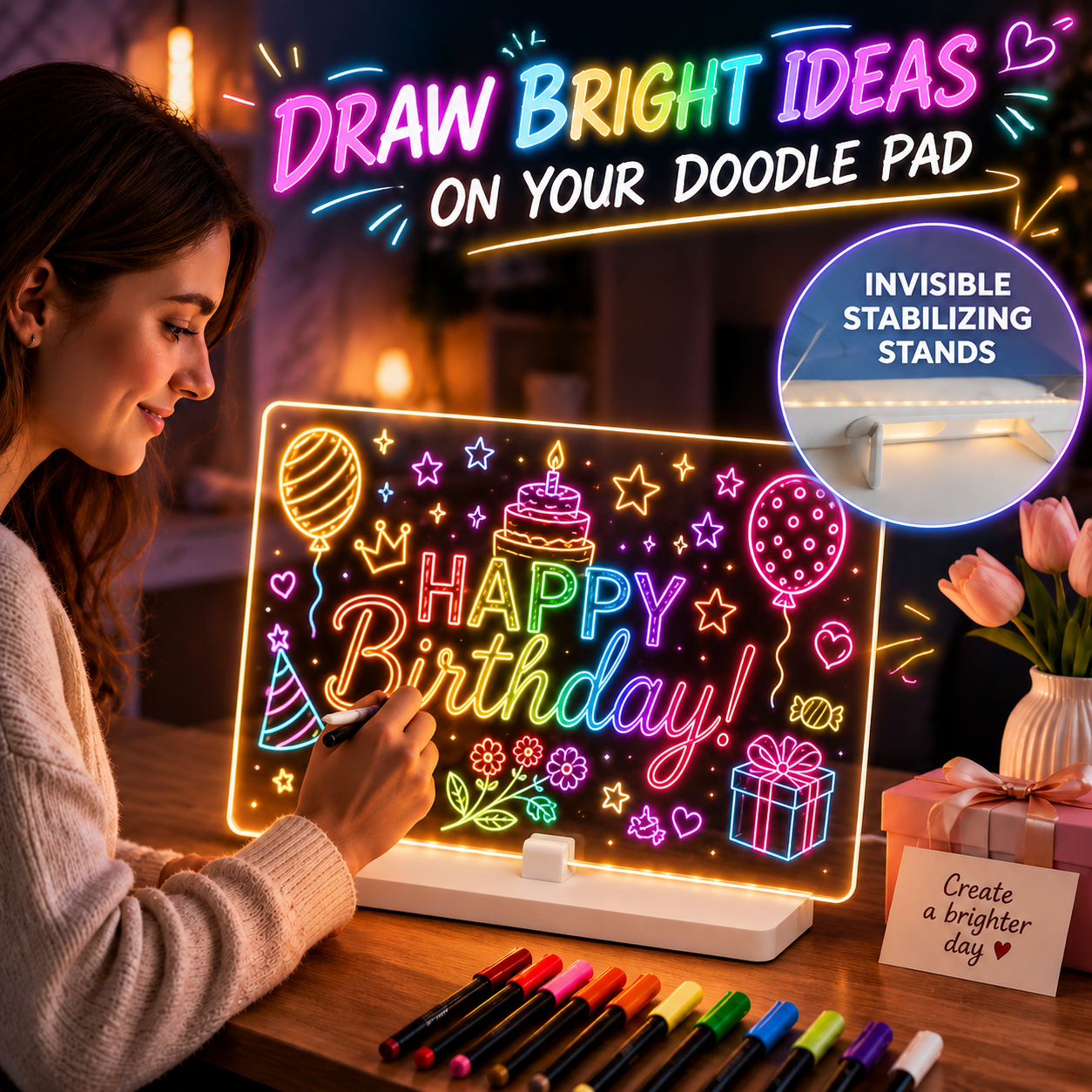 LED Drawing Board for Kids, Dry Erase Light-Up Drawing Board with Stand