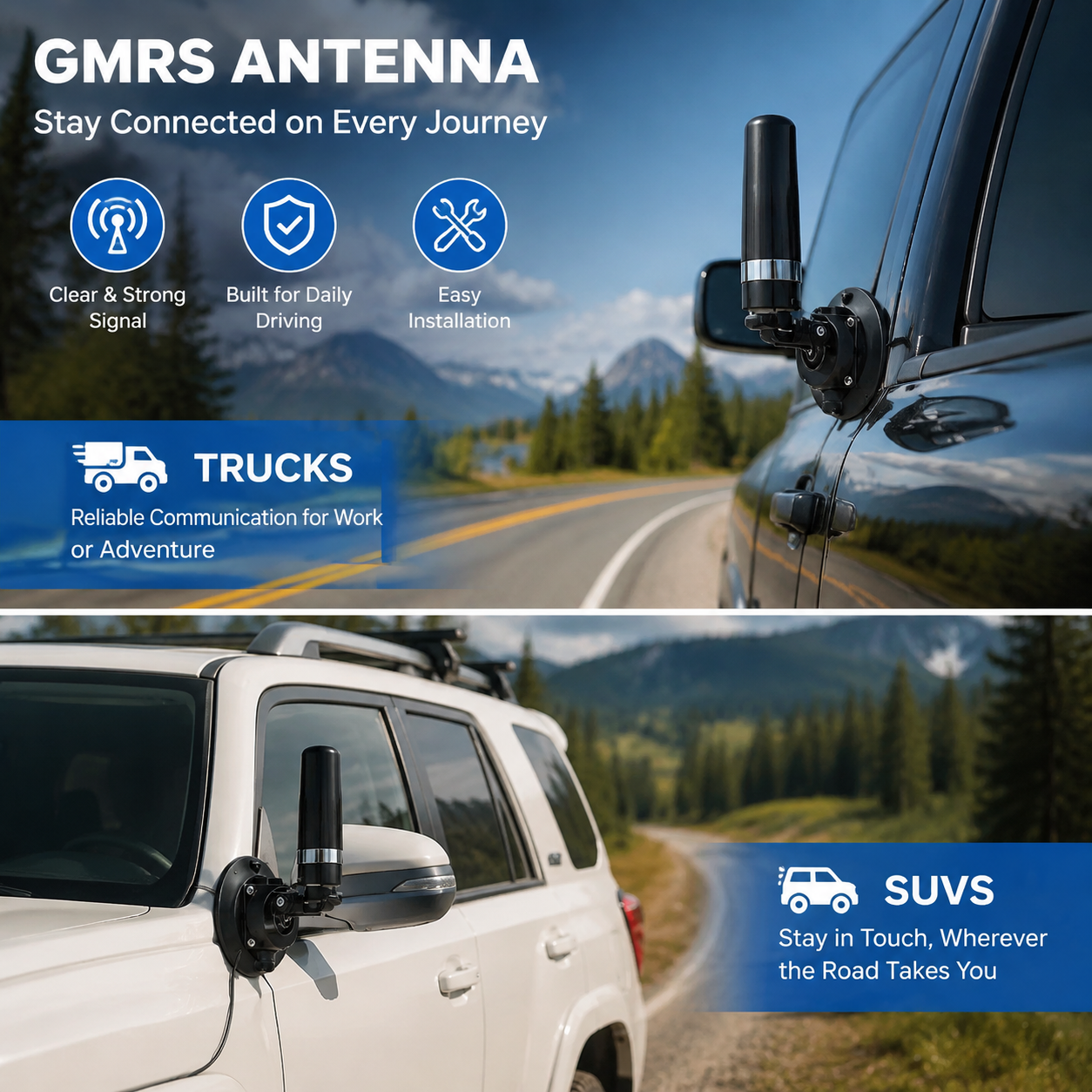Universal GMRS Antenna Mount – Heavy-Duty Radio Antenna Bracket for Cars, SUVs, Trucks, Off-Road Vehicles & Boats