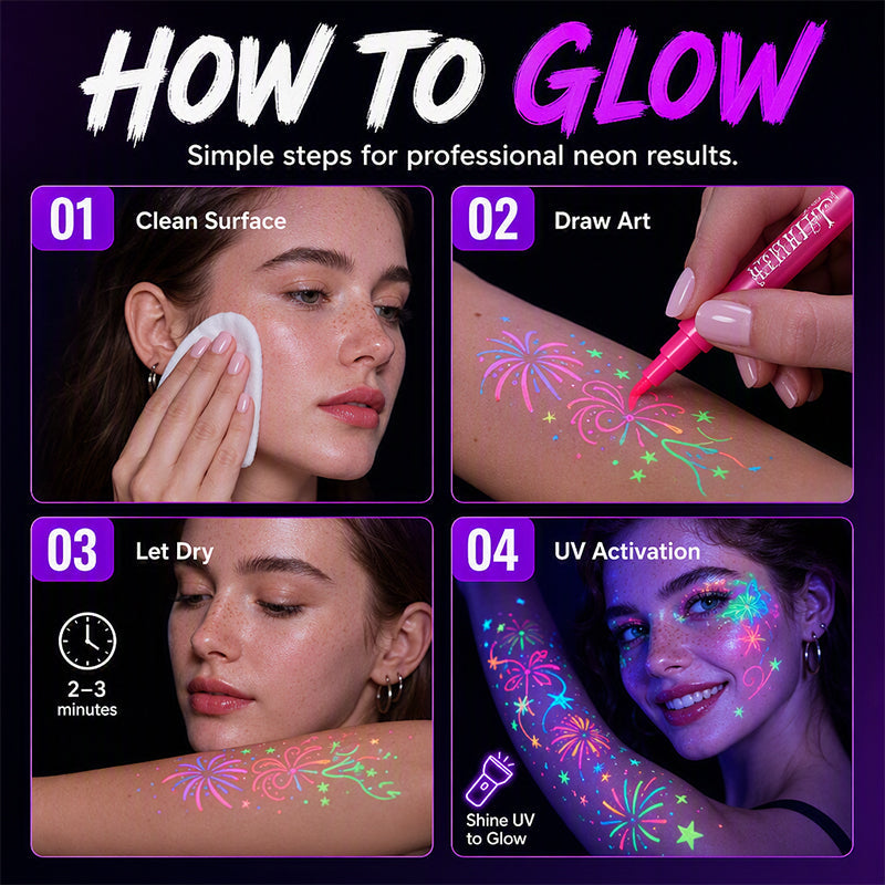 ✨ Glow Party Tattoo Pens – Fun UV Body Art Markers for Parties, Festivals & Night Events